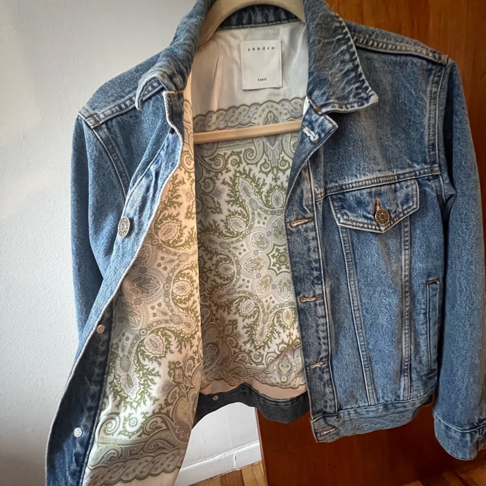Sandro denim jacket with silk floral interior. Perfect condition.